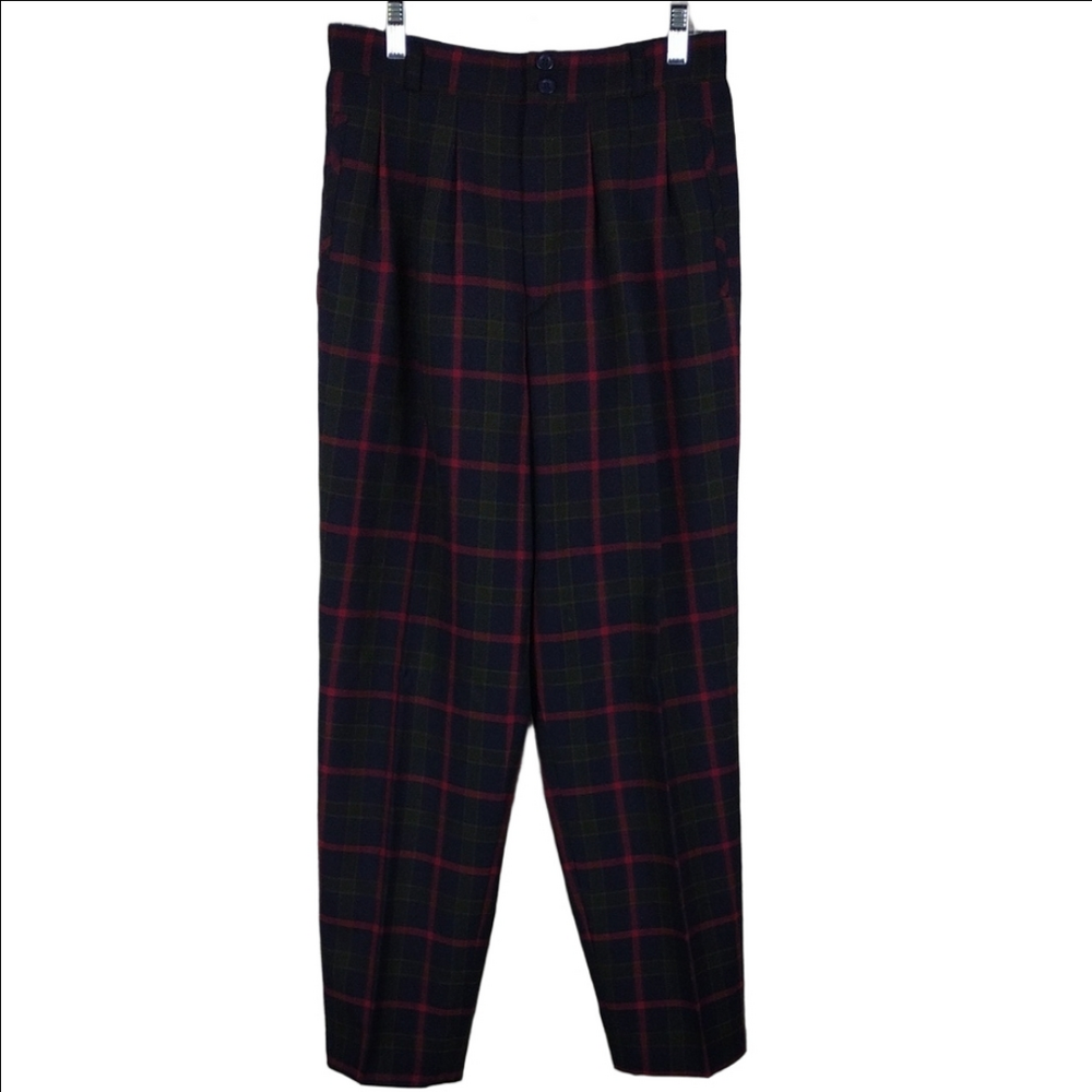 Alanni by Donny Brook Navy Tartan Plaid Wool High Rise Straight Leg Trouser Pant